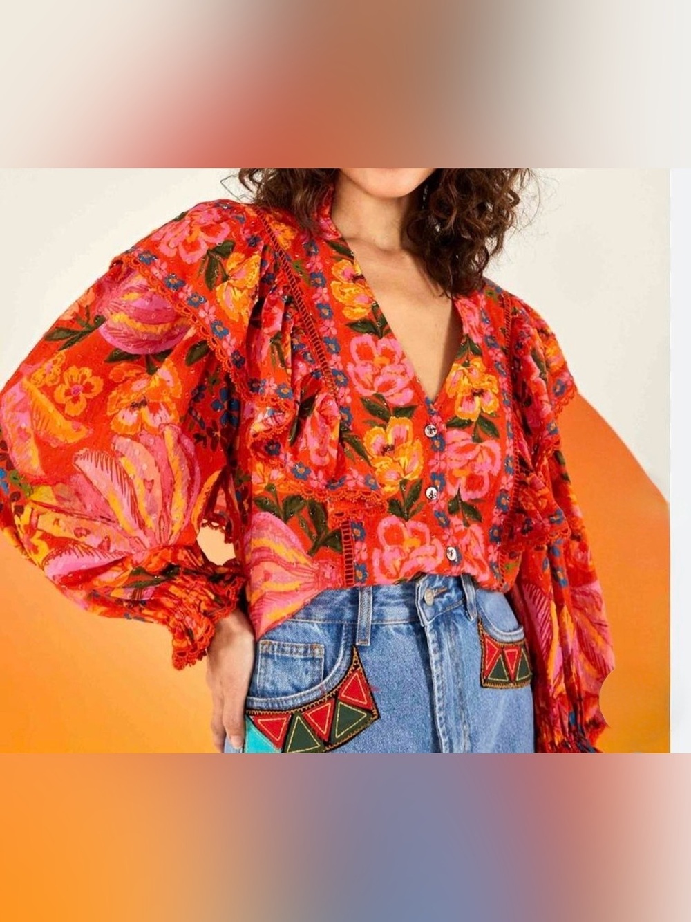 FARM Rio Womenβs Red Spring Bananas L/S Crotchet Trim Blouse Size S Sku #181